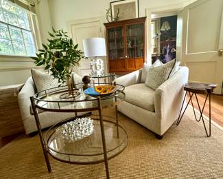 NEW club chairs from Project 1, glass side tables, stunning old Virginia made cabinet, collection of 1st edition books and a like new sisal rug