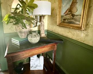 Marble top table, antique oil paintings, foo dog and more