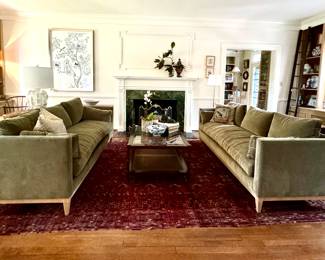 Brand new sage green sofas, antique rugs, Virginia Metal Crafters fireplace set, andirons and surrounds