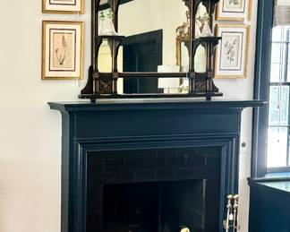 Ebonized mirror from the 1800's, framed botanicals, Brass fireplace surround and wonderful VMC andirons and tools