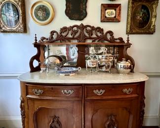 Marble top sideboard with the best antique mirrored back…reverse painting of florals (1800’s), toleware, silver serving pieces…