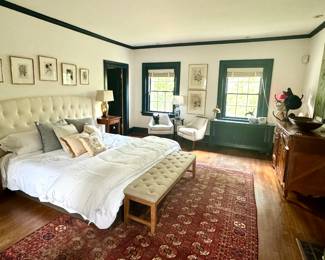 Brass lamps, mahogany side tables, new bench, brass fireplace surrounds by Va Metal Crafters, andirons....