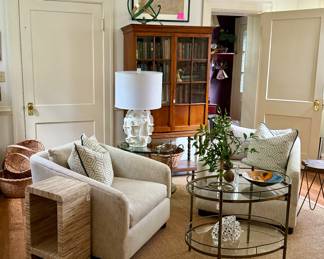 Seagrass side table, old baskets, sculptures, decorator pillows, NEW lamps....