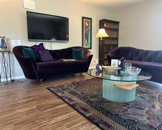 Contemporary Tufted Purple Sofa, Contemporary Mixed Materials Cocktail Table, Missoni TJ Vestor Wool Area Rug