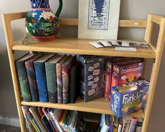 Bookshelf, Books, Folk Art Vase