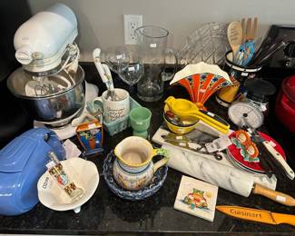 Anthro Flower S&P Shakers,  Kitchenaid Mixer, Lemon Juicer, 	Cheese Knives, Salter Scale, Czech Fan Vase, Cutco Utensils, Wine Glasses, Kitchenaid Stand Mixer, Glass Pitcher, Olive Bowl, Marble Rolling Pin, Marble Cutting Board, Royal Dutton Plates, Ceramic Berry Basket, Ceramic Pitchers, Ceramic Bowl, Ritzenhoff Schnappes Glass

