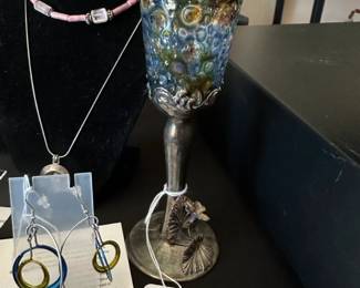 Sterling and Blown Glass Cup, Christopher Royal Kinetic Earrings
