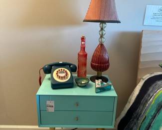 Blue Bedside Table, Victorian Style Lamp