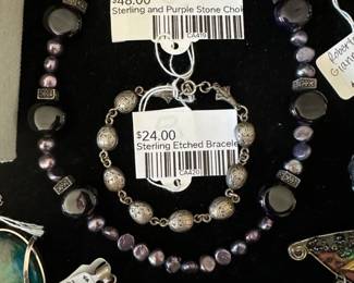 Sterling and Purple Stone Choker Necklace, Sterling Etched Bracelet
