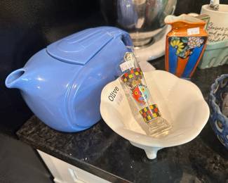 Ritzenhoff Schnappes Glass, Olive Bowl, Hall Westinghouse Teapot