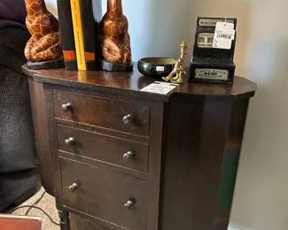 Uncle Sam's 3 Coin Bank,  Wooden Giraffe Bookends, Martha Washington Style Cabinet