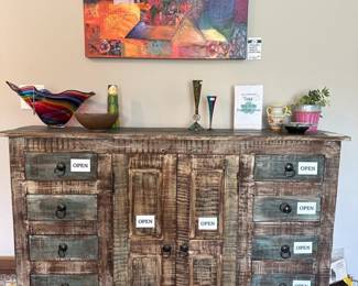 Rustic weathered blue credenza