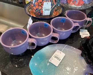 Glass Fish Plate, Homer Laughlin Soup Mugs