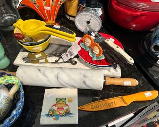 Anthro Flower S&P Shakers,  Lemon Juicer, Cheese Knives, Salter Scale, Czech Fan Vase, Cutco Utensils