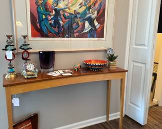Orna Lalo Candlesticks Pair, Signed Contemporary Serving Bowl, Glazed Ceramic Piggy Bank, Dennis Paul Peterson Console Table