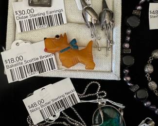 Didae Sterling Earrings,  Bakelite Scottie Brooch, Nicky Butler Sterling Necklace