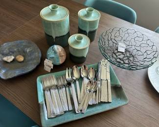 Contemporary Metal Bowl, Glazed Ceramic Piggy Bank, Nambe silverware set