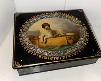 Fine English Small Writting Desk, painted with dog and mother of pearl inlay