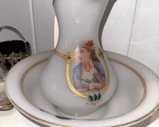 French Opaline Art Glass Bowl and Pitcher