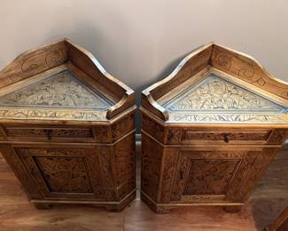 Triangular, Hand-Carved, Wooden Bedside Tables w/Drawers