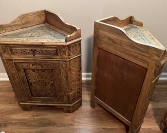 Triangular, Hand-Carved, Wooden Bedside Tables w/Drawers