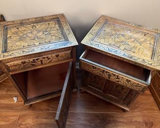Hand-Carved Wooden Bedside Tables w/Drawers