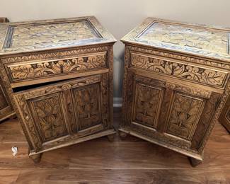 Hand-Carved Wooden Bedside Tables w/Drawers