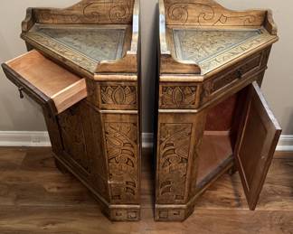 Triangular, Hand-Carved, Wooden Bedside Tables w/Drawers