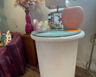 Post modern stucco and crackle mirror glass top tall side table