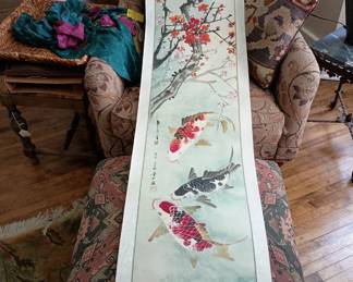 Hand painted Asian art Koi Fish and Cherry blossoms