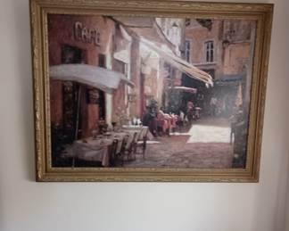 Acrylic on canvas, European cafe and side street scape 