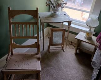 Metal floral table lamp
Small side table,  stool
Mirror on stand that swivel 