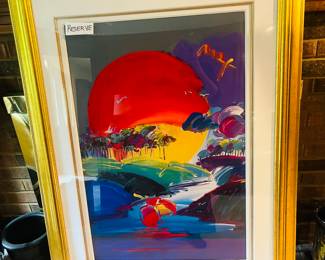 Gorgeous Peter Max, Without Borders II, mixed media, 24x35 without frame, 38x49 with frame, signed top right. Created for Ted Turner documentary of same name, in late 1980s. A sailboat glides down the Amazon River