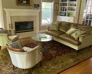 Living Room with Velvet custom covered Sofa, Mint Condition, 2 Biedermeier Lounge ChairsCarpet, Oil Paintings