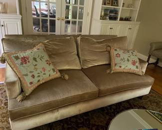 Custom Covered Sofa with Down Cushions and Custom Made Embroidered Pillows