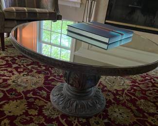 Mirrored Coffee Table with Ornate Carved base