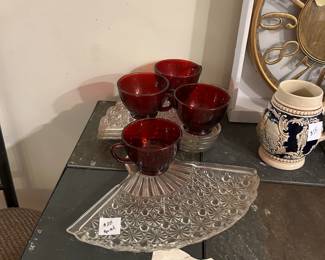Anchor Hocking Ruby Red and Clear Glass Snack Plate and Cup
