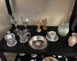 Creamer and sugar dishes, wine glasses, and salt and pepper shakers