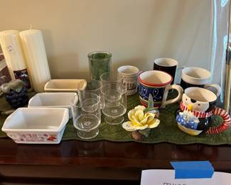 Assorted serving dishes and glassware