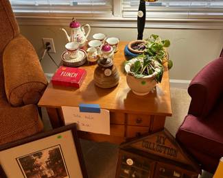 Tiffany Style Lamp, planters, and tea sets