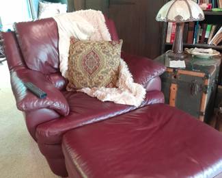 Leather chair with ottoman, chest next to chair is not for sale