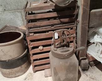 Butter churn, crocks, egg crates