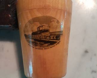 Wooden cup with lid, inside is a shotglass. Souvenier from Steamer Ship or vintage South Haven Souvenier