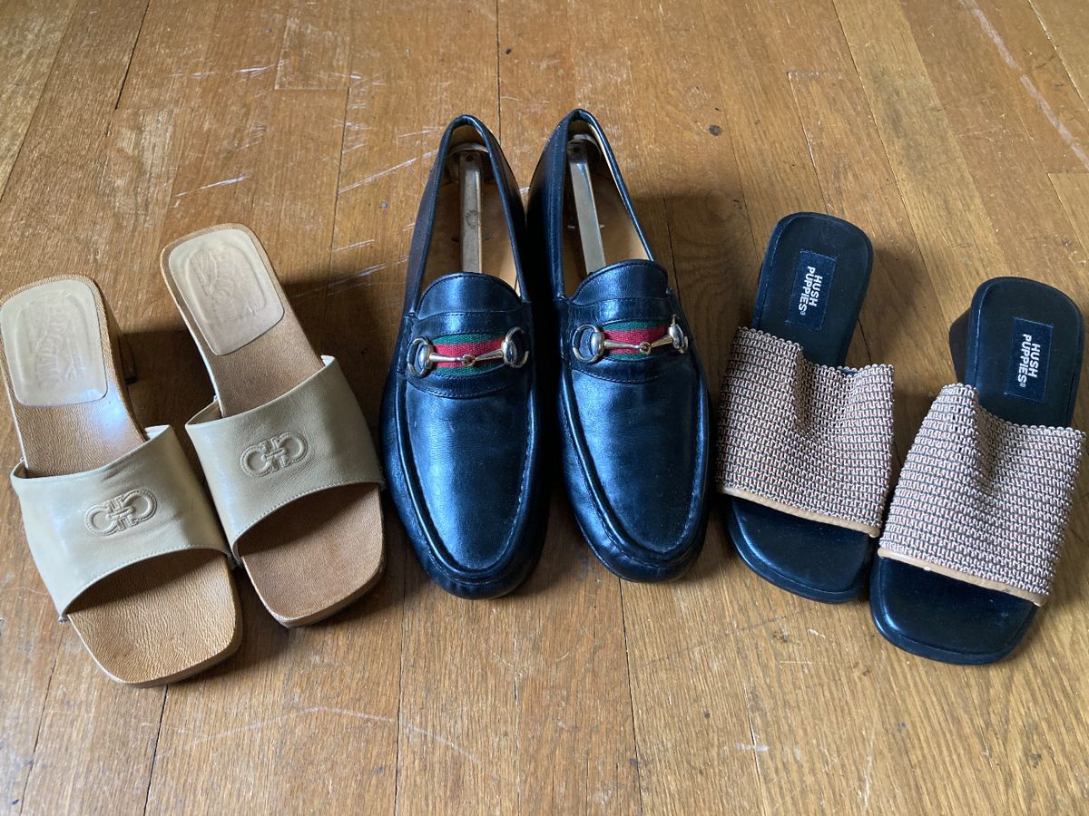Ferragamo, wood wedges, men’s Gucci loafers, brand new Hush Puppies low wedges