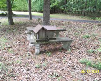 concrete table/benches, birdhouse
