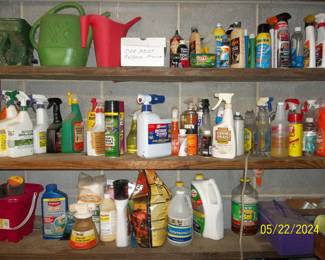 lots of items for pest control, cleaning supplies for vehicles/tires, home cleaning supplies, and gardening supplies