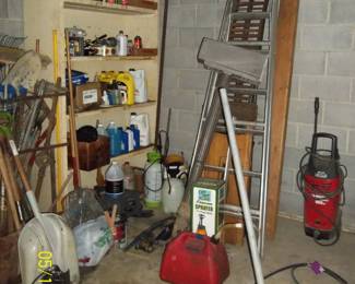 electric pressure washer, floor jacks, ladders, a set of ramps