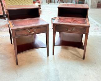 Pair of Vintage Heckman Step Back Side Tables with Tooled Leather Tops. Photo 1 of 5. 