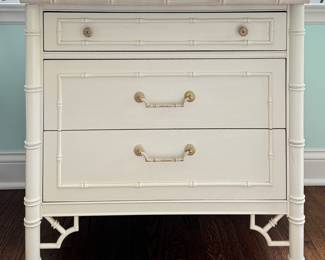 Vintage Thomasville Allegro Chinese Chippendale Faux Bamboo Small Side Table with Three Drawers. Measures 30" W x 19" x 30" H. Photo 1 of 3. 