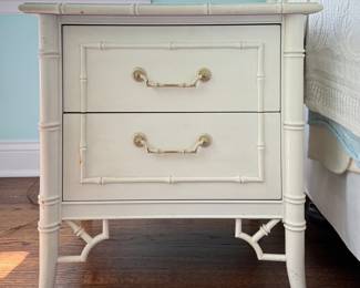 Pair of Vintage Thomasville Allegro Chinese Chippendale Faux Bamboo Bedside Tables with Three Drawers. Each Measures 24"W  x 17" x 24" H. Photo 1 of 2. 